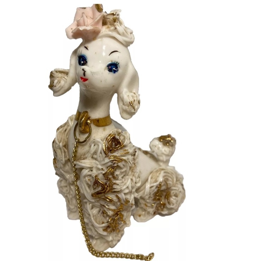 Vintage Dog Figurine white French poodle  gold accents pink flower MCM